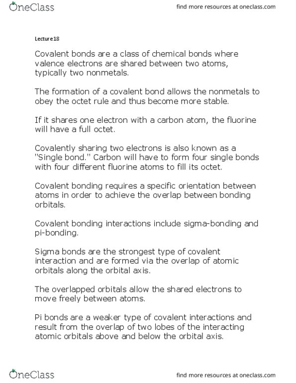 CHEM1006 Lecture Notes - Lecture 18: Sigma Bond, Octet Rule, Pi Bond thumbnail