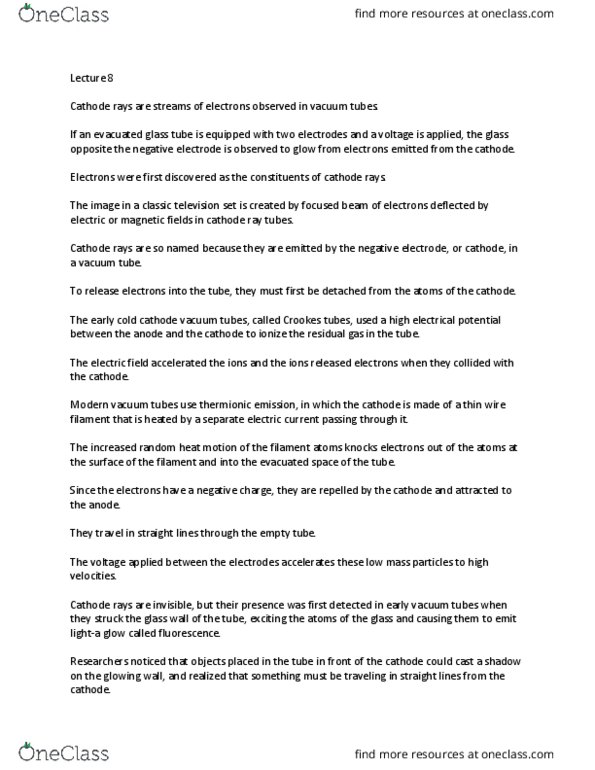 CHEM1006 Lecture Notes - Lecture 8: Cathode Ray, Thermionic Emission, Cold Cathode thumbnail