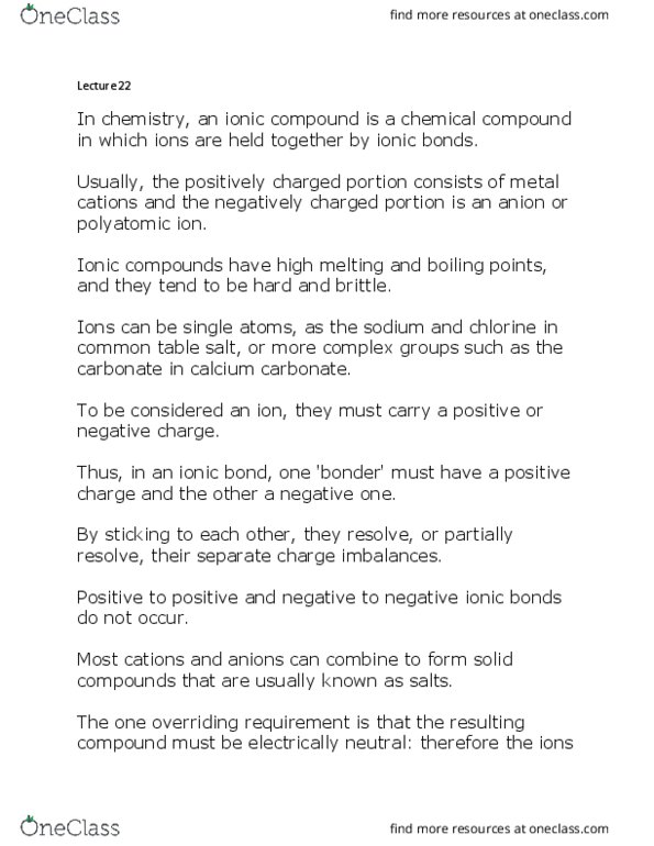 CHEM1006 Lecture Notes - Lecture 22: Ionic Compound, Ionic Bonding, Oxidation State thumbnail