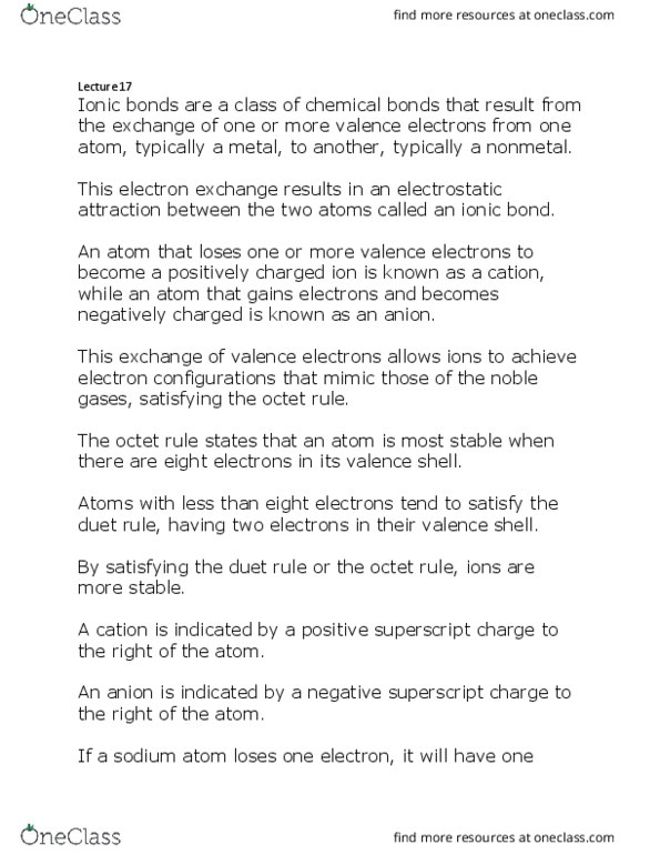 CHEM1006 Lecture Notes - Lecture 17: Octet Rule, Ionic Bonding, Ionic Compound thumbnail