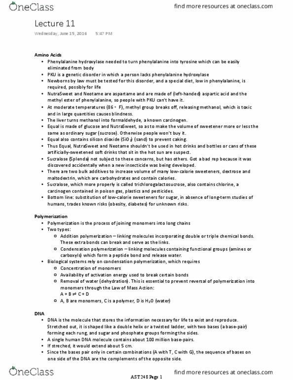 AST 248 Lecture Notes - Lecture 11: Phenylalanine Hydroxylase, Nutrasweet, Neotame thumbnail