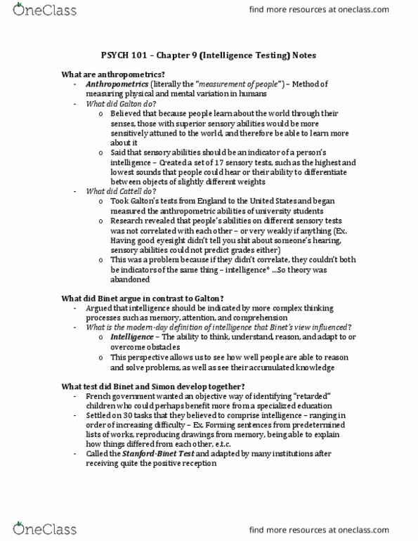 PSYCH101 Chapter Notes - Chapter 9: Wechsler Adult Intelligence Scale, Carol Dweck, Intelligence Quotient thumbnail