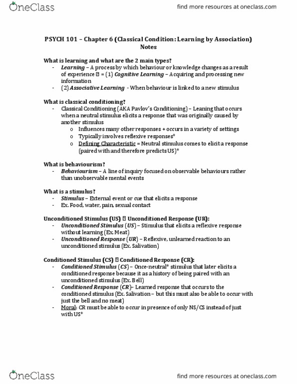 PSYCH101 Chapter Notes - Chapter 6: Conditioned Taste Aversion, Coffeemaker, Classical Conditioning thumbnail