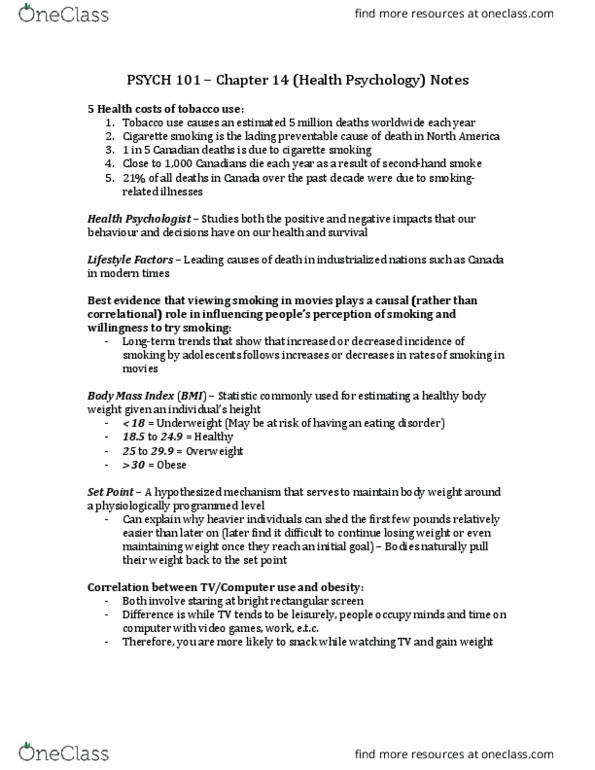 PSYCH101 Chapter Notes - Chapter 14: Aids, Body Mass Index, Adrenal Gland thumbnail