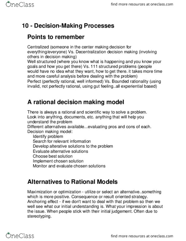 CMN 1148 Lecture Notes - Lecture 10: Decision-Making, Delphi Method, Bounded Rationality thumbnail