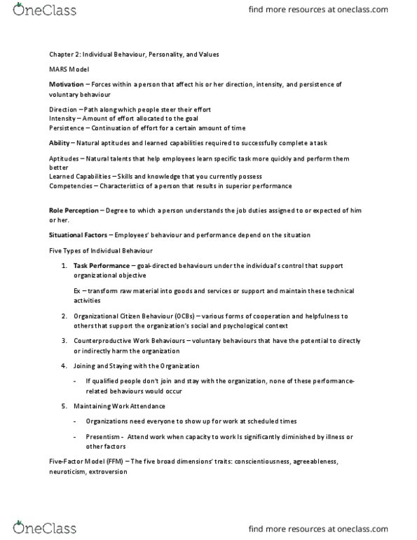 MHR 405 Lecture Notes - Lecture 2: Agreeableness, Conscientiousness, Extraversion And Introversion thumbnail