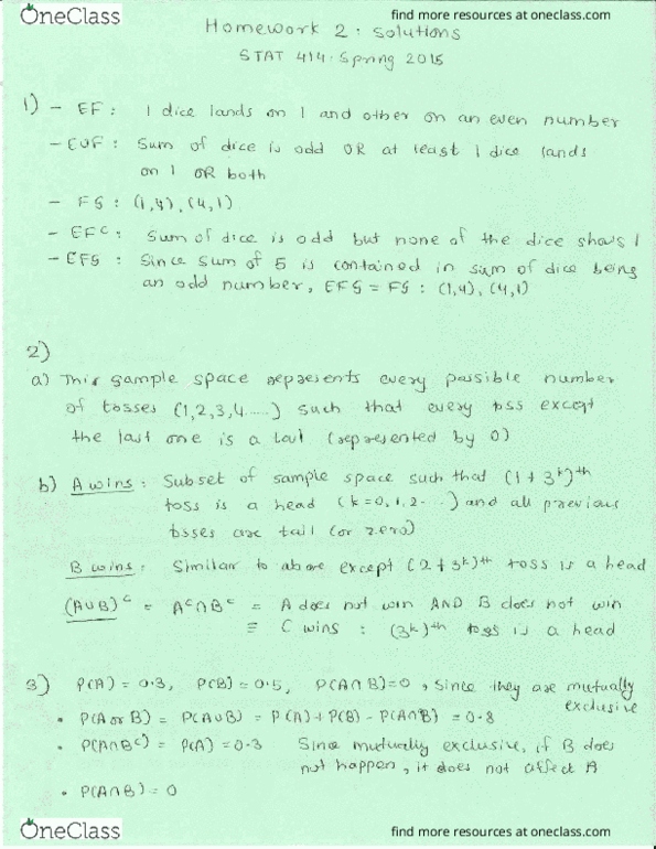 STAT 414 Lecture Notes - Lecture 2: Sample Space thumbnail