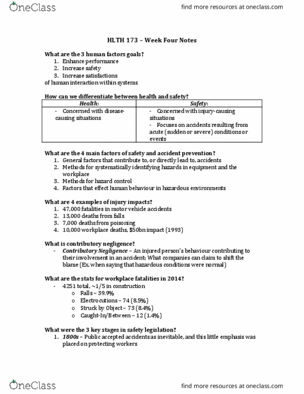 HLTH173 Lecture Notes - Lecture 7: Contributory Negligence, Hierarchy Of Hazard Controls, Personal Injury thumbnail