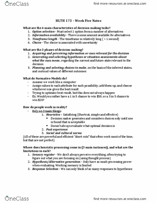 HLTH173 Lecture Notes - Lecture 9: Subjective Expected Utility, Expected Utility Hypothesis, Availability Heuristic thumbnail