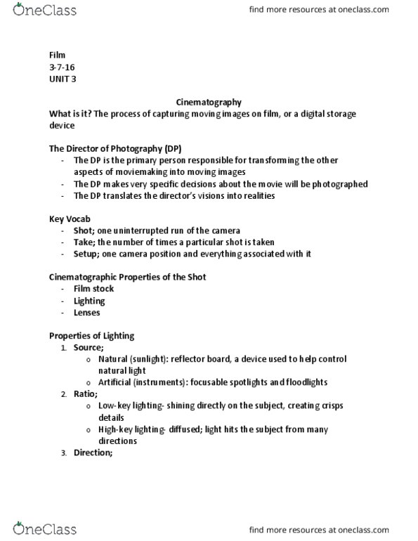 ENGL217 Lecture Notes - Lecture 3: Telephoto Lens, Key Light, Fill Light thumbnail