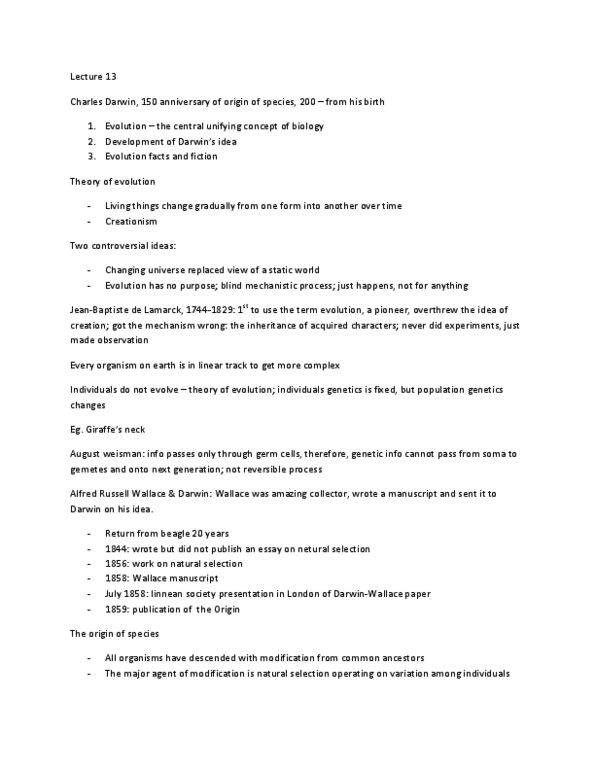 BIO120H1 Lecture Notes - Lecture 13: Linnean Society Of London, Botany, Beagle thumbnail