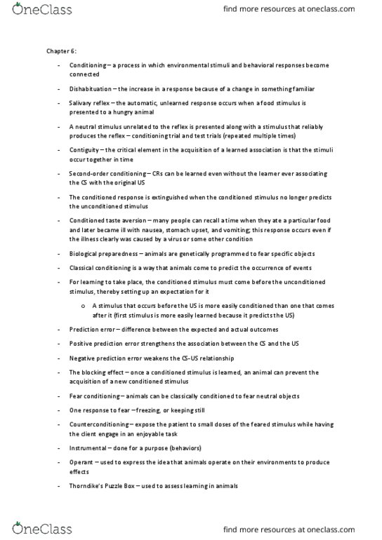 L33 Psych 100B Chapter Notes - Chapter 6: Conditioned Taste Aversion, Classical Conditioning, Fear Conditioning thumbnail