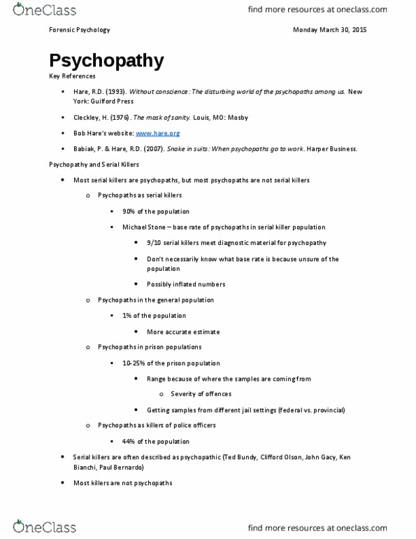 PSYC 2400 Lecture Notes - Lecture 12: Clifford Olson, Psychopathy, Paul Bernardo thumbnail