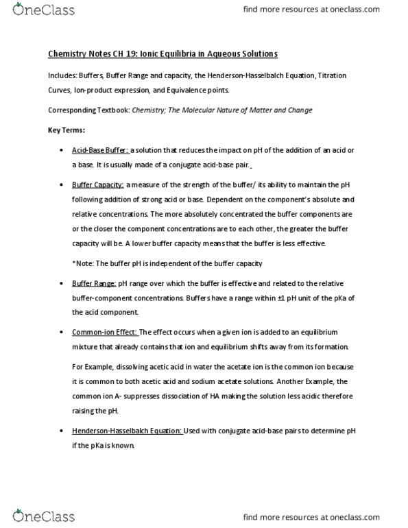 CHEM 1062 Chapter Notes - Chapter 19: Sodium Acetate, Buffer Solution, Titration Curve thumbnail