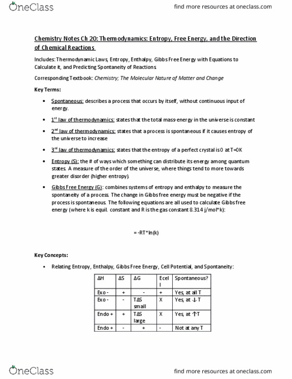 CHEM 1062 Chapter Notes - Chapter 20: Gibbs Free Energy, Jmol, Thermodynamics thumbnail