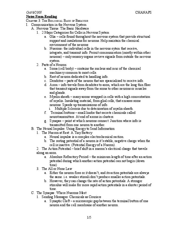 PSYC 1010 Lecture Notes - Peripheral Nervous System, Myelin, Central Nervous System thumbnail