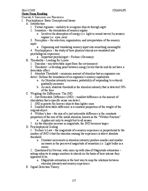 PSYC 1010 Chapter Notes - Chapter 4: Detection Theory, Absolute Threshold, Neural Adaptation thumbnail