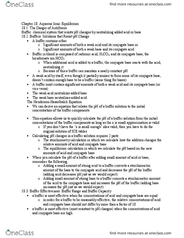 CHEM 116 Lecture Notes - Lecture 18: Buffer Solution, Conjugate Acid, Weak Base thumbnail