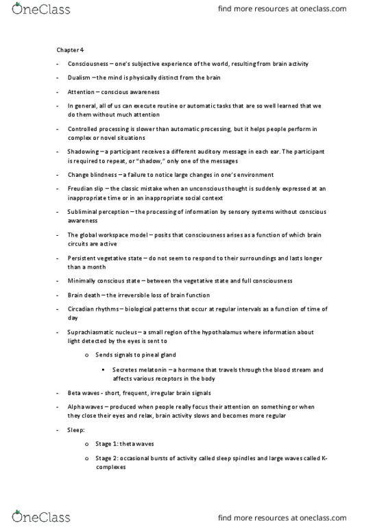 L33 Psych 100B Chapter Notes - Chapter 4: Obstructive Sleep Apnea, Circadian Rhythm, Rapid Eye Movement Sleep thumbnail