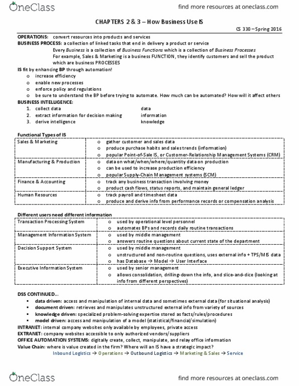 CS330 Chapter Notes - Chapter 2-3: Timesheet, General Ledger, Executive Information System thumbnail