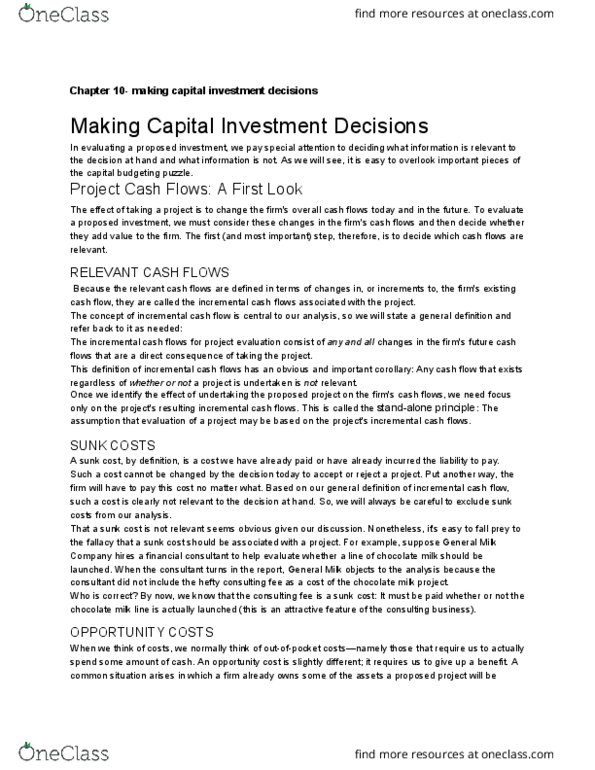 FIN 3504 Chapter Notes - Chapter 10: Sunk Costs, Cash Flow, Opportunity Cost thumbnail