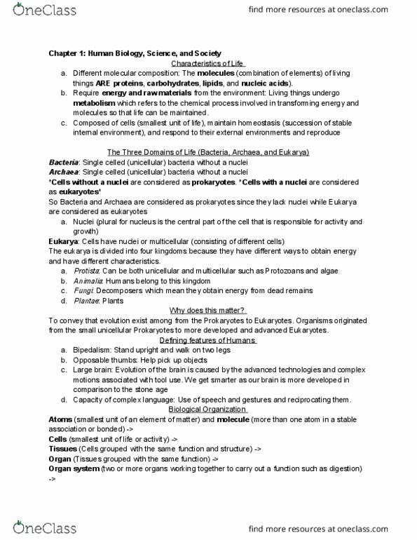 BIOL 103 Chapter Notes - Chapter 1: Eukaryote, Archaea, Protist thumbnail