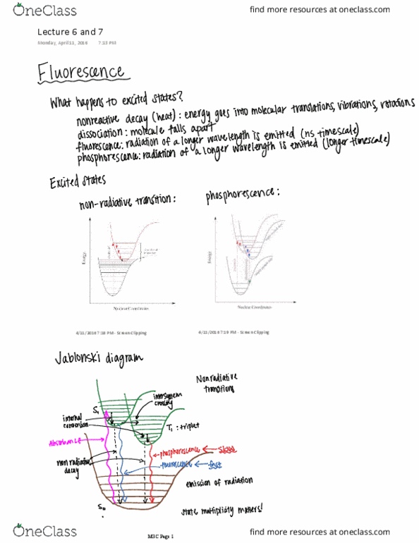 CHEM M3C Lecture Notes - Lecture 4: Jablonski Diagram, Intersystem Crossing, Phosphorescence thumbnail