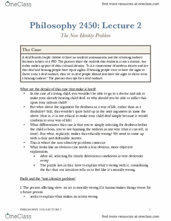 PHIL 2450 Lecture Notes - Lecture 2: Artificial Insemination, Consequentialism, Genetic Testing thumbnail