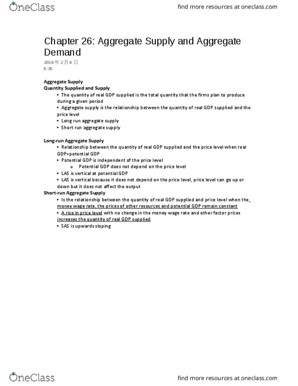 ECON102 Lecture Notes - Lecture 7: Aggregate Supply, Potential Output, Aggregate Demand thumbnail
