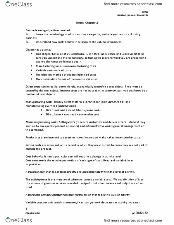 SMG AC 222 Lecture Notes - Lecture 2: Fixed Cost, Indirect Costs, Variable Cost thumbnail