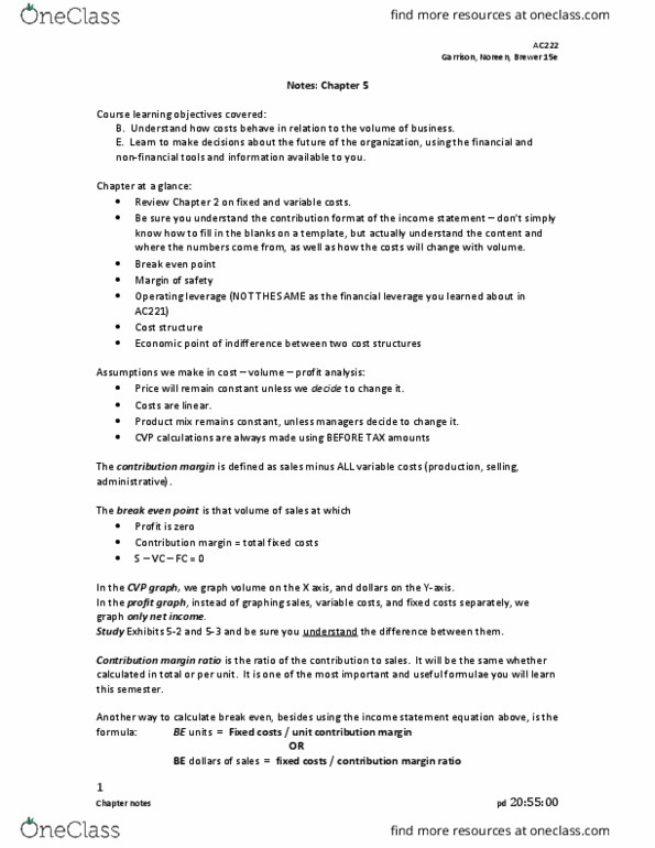 SMG AC 222 Lecture Notes - Lecture 5: Contribution Margin, Operating Leverage, Income Statement thumbnail