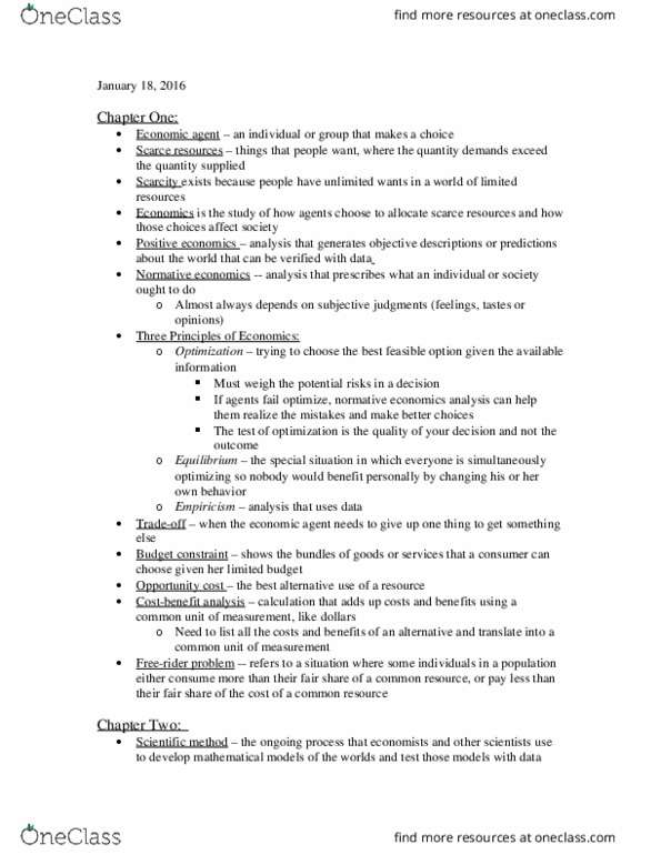 ECON 002 Lecture Notes - Lecture 1: Empiricism, Budget Constraint, Opportunity Cost thumbnail