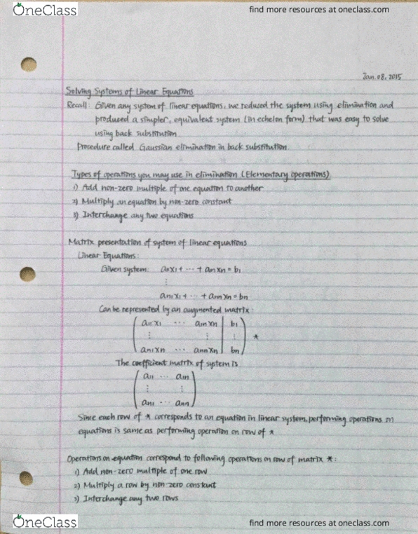 MAT223H1 Lecture Notes - Lecture 2: Augmented Matrix, Coefficient Matrix, Gaussian Elimination thumbnail