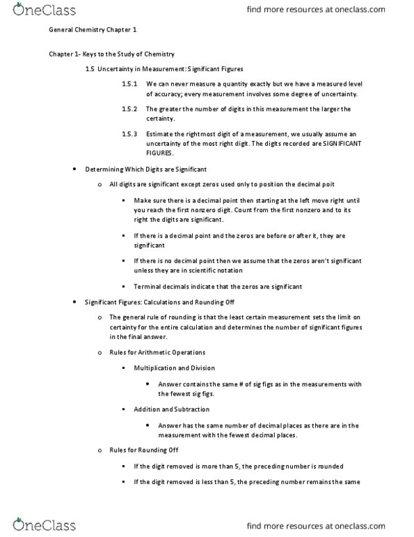 CHEM-UA 125 Chapter Notes - Chapter 1.4: Significant Figures, Scientific Notation, Observational Error thumbnail