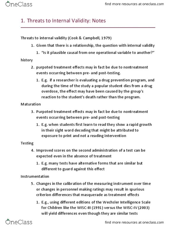 PSY 230 Lecture Notes - Lecture 12: Cognitive Behavioral Therapy, Wechsler Intelligence Scale For Children, Internal Validity thumbnail