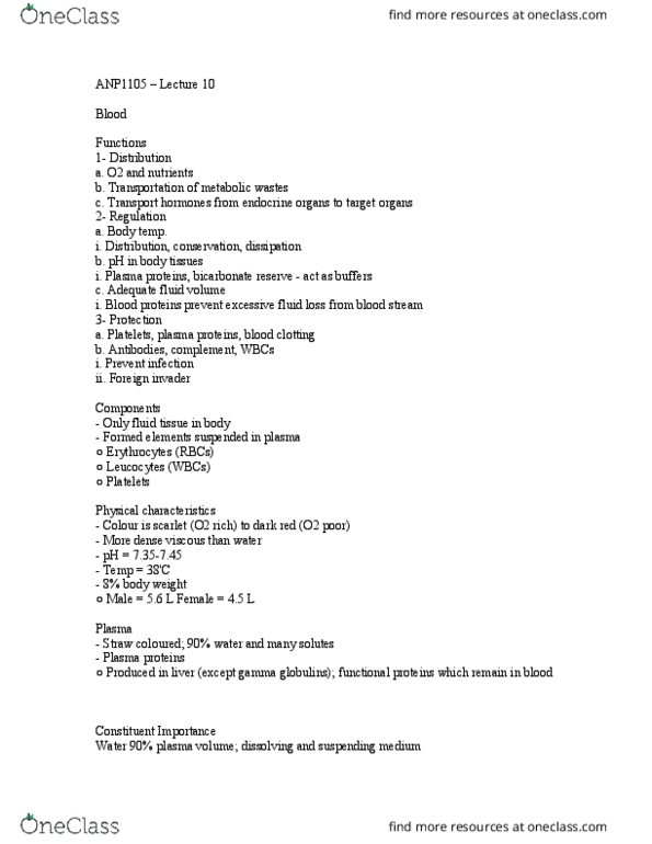 ANP 1105 Lecture Notes - Lecture 11: Erythropoietin, Reticulocyte, Polycythemia Vera thumbnail