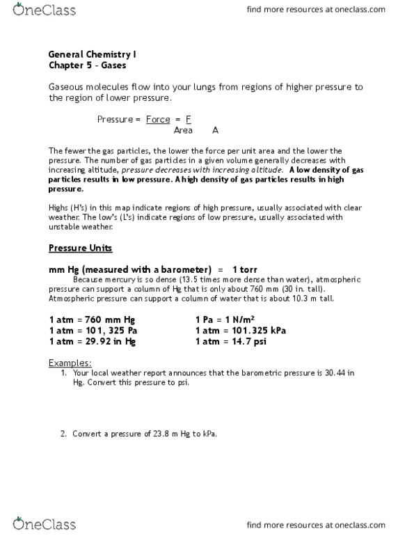 CHEM 1211 Lecture Notes - Lecture 13: Mole Fraction, Stoichiometry, Ideal Gas thumbnail