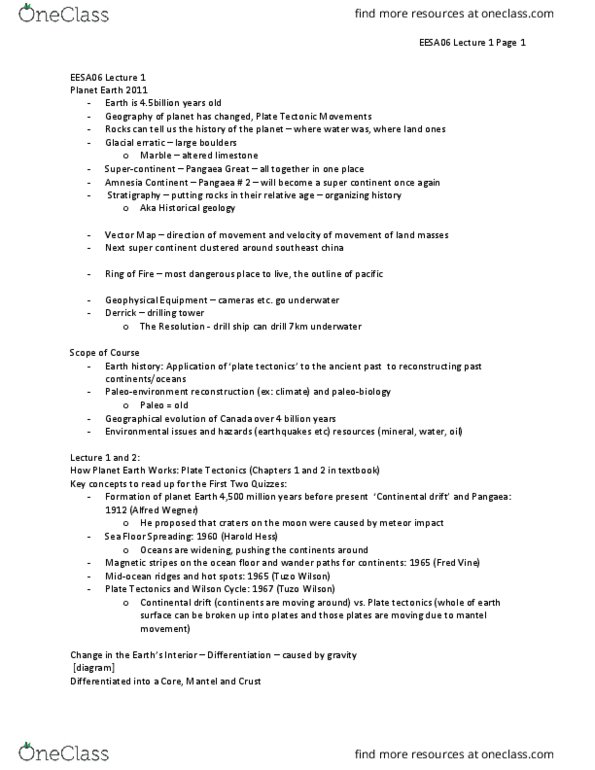 EESA06H3 Lecture Notes - Lecture 1: Frederick Vine, Asthenosphere, Continental Drift thumbnail