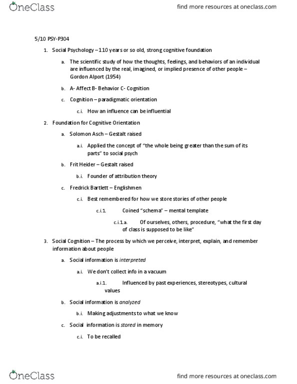 PSY-P 304 Lecture Notes - Lecture 1: Solomon Asch, Social Cognition, Social Influence thumbnail