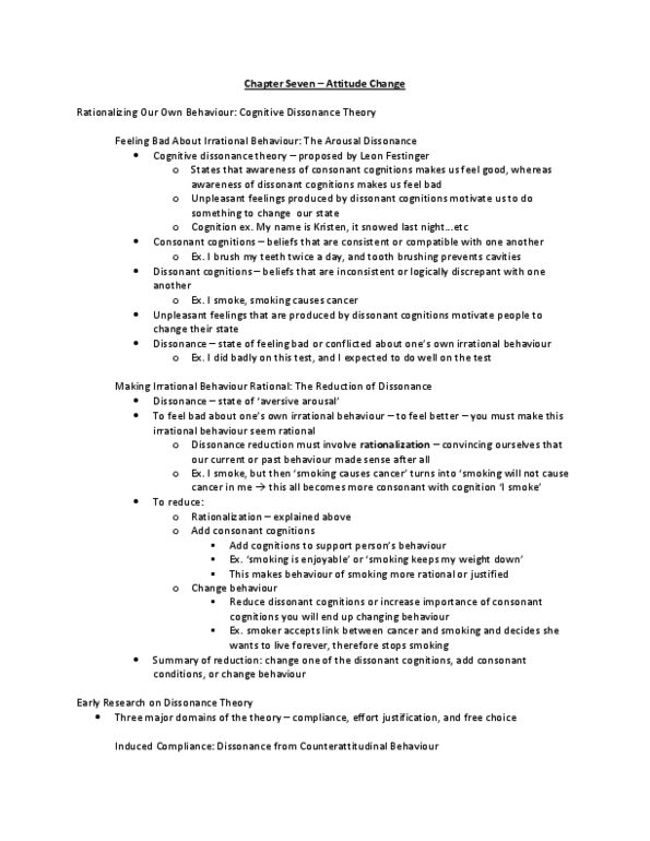 Psychology 2070A/B Chapter Notes - Chapter 7: Cognitive Dissonance, Tooth Brushing, Leon Festinger thumbnail