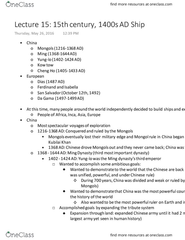 HIST 010 Lecture Notes - Lecture 15: Yongle Emperor, Kublai Khan, Zheng He thumbnail