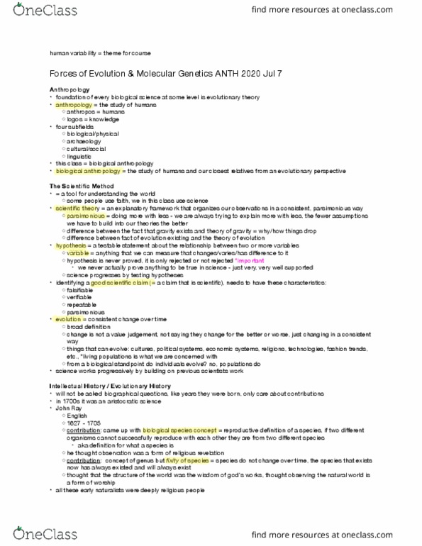 ANTH 2020 Lecture Notes - Lecture 1: Protein Structure, Heterozygote Advantage, Antirrhinum thumbnail