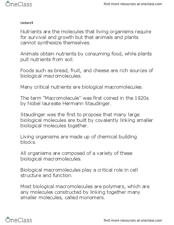 BIOL1001 Lecture Notes - Lecture 9: Polysaccharide, Starch, Disaccharide thumbnail