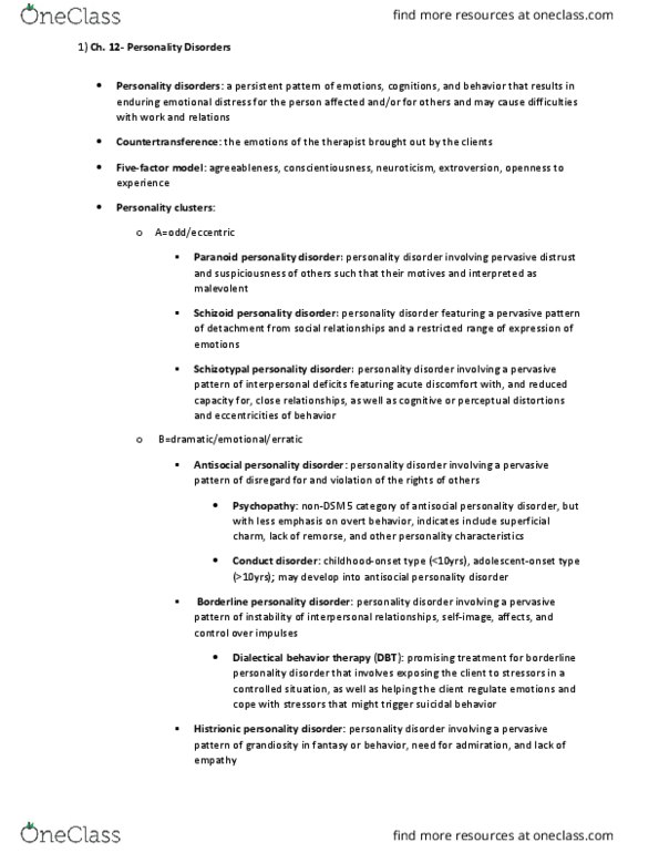 PSY 3604 Chapter Notes - Chapter 12: Histrionic Personality Disorder, Dependent Personality Disorder, Avoidant Personality Disorder thumbnail