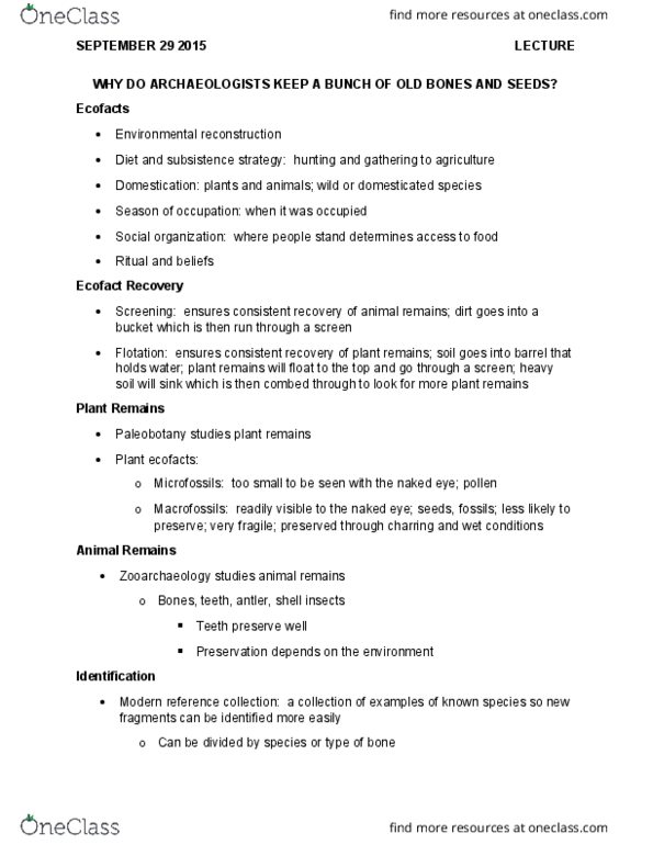 Anthropology 1020E Lecture Notes - Lecture 3: Big Pit National Coal Museum, Biofact (Archaeology), Paleobotany thumbnail