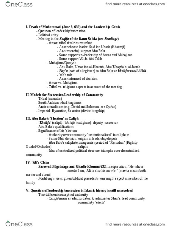 NMC273Y1 Lecture Notes - Lecture 11: Farewell Pilgrimage, Mawla, Muhajirun thumbnail