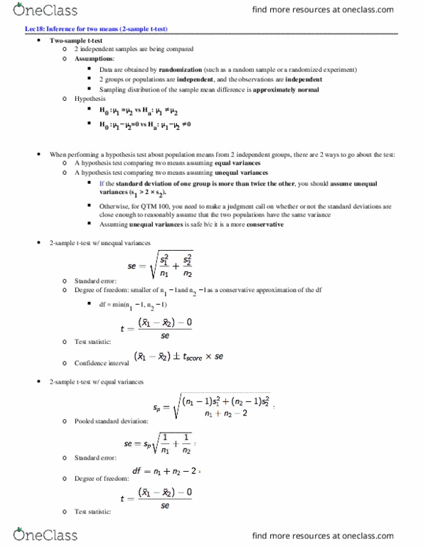 QTM 100 Lecture Notes - Lecture 18: Test Statistic, Confidence Interval, Standard Error thumbnail