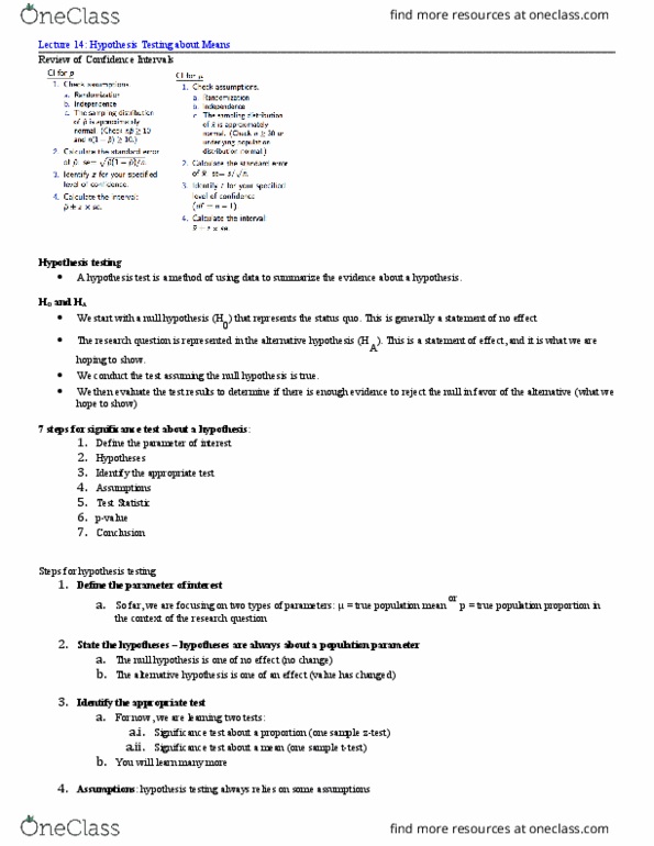 QTM 100 Lecture Notes - Lecture 14: Null Hypothesis, Statistical Parameter, Test Statistic thumbnail