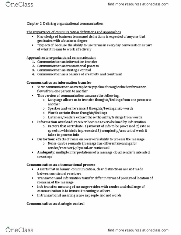 SPCOM227 Chapter Notes - Chapter 2: Golden Rule, Organizational Communication, Information Overload thumbnail