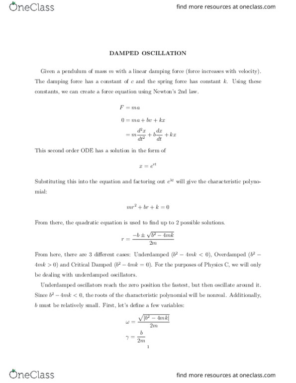 PH-UY 1013 Lecture Notes - Lecture 12: Tl;Dr, Damping Ratio, Quadratic Equation thumbnail